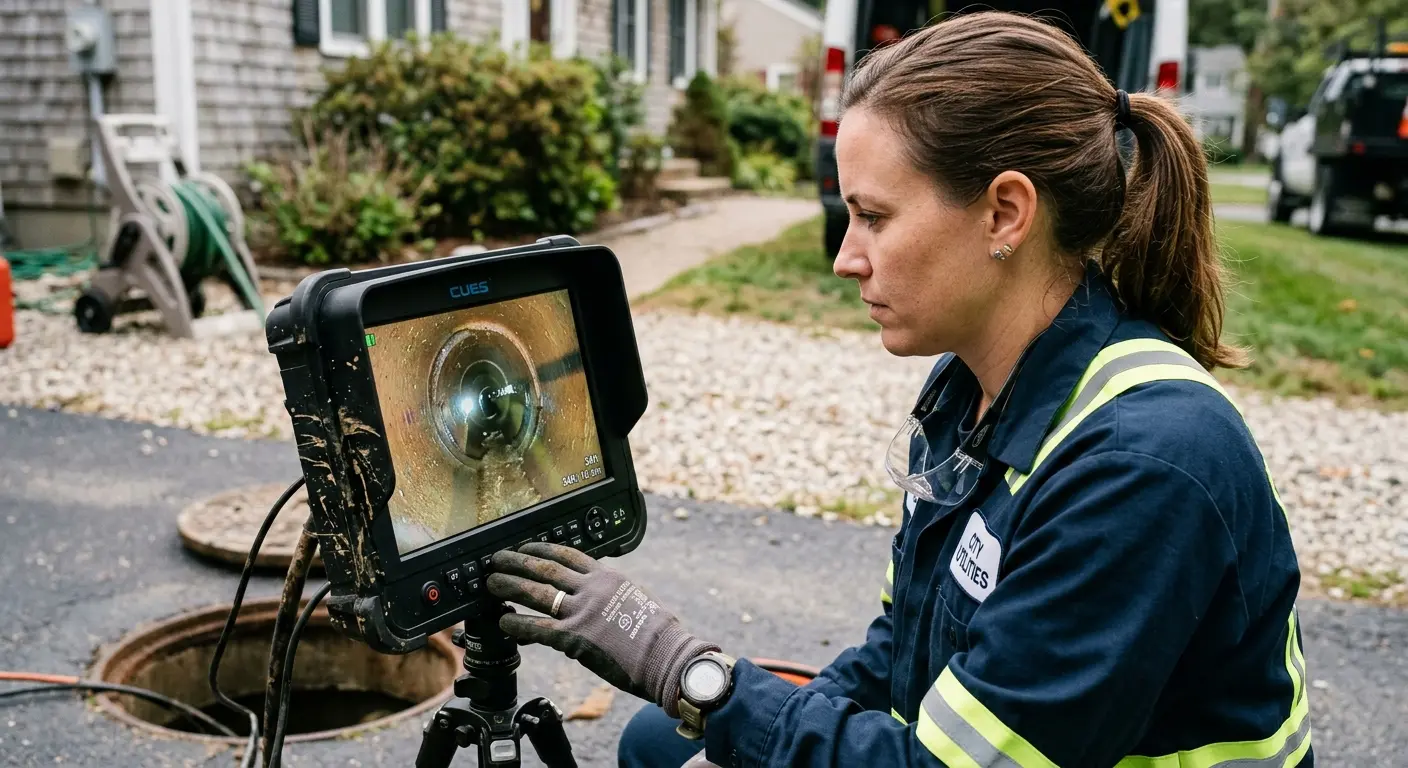 Technician reviewing sewer camera inspection footage in California Polytechnic State University