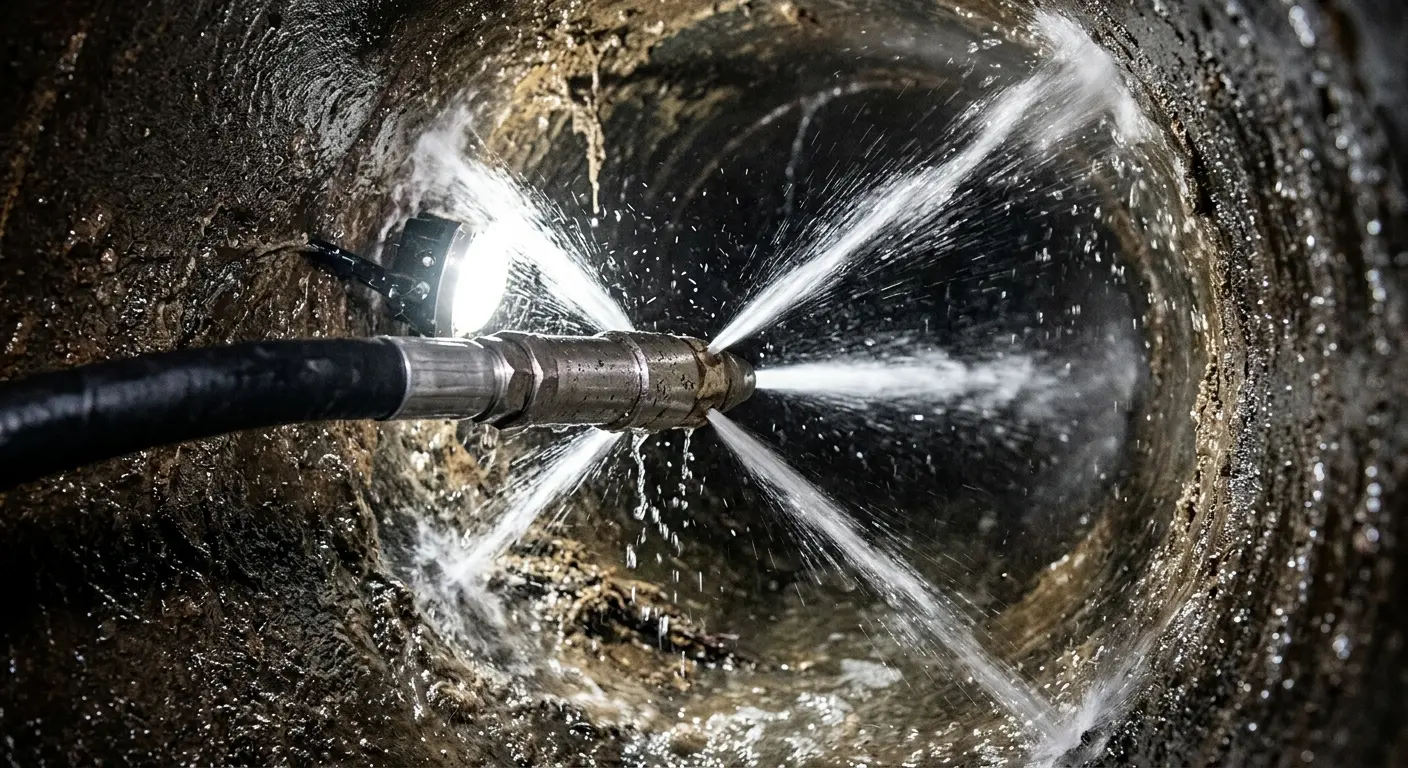 High-pressure hydro jetting nozzle cleaning sewer pipe for Sewer Cleanout in California Polytechnic State University