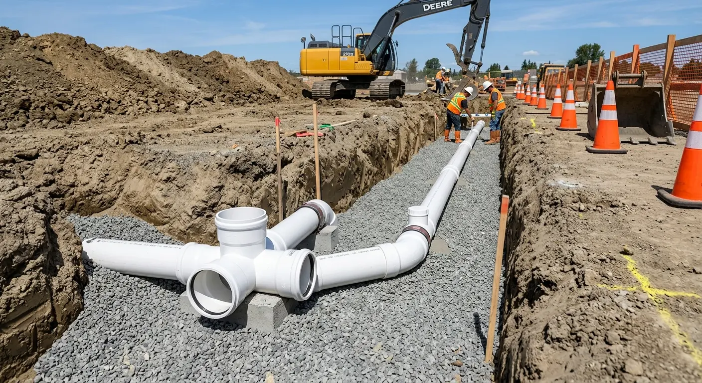 New PVC sewer pipe installation in open trench for Commercial Drain Cleaning in California Polytechnic State University